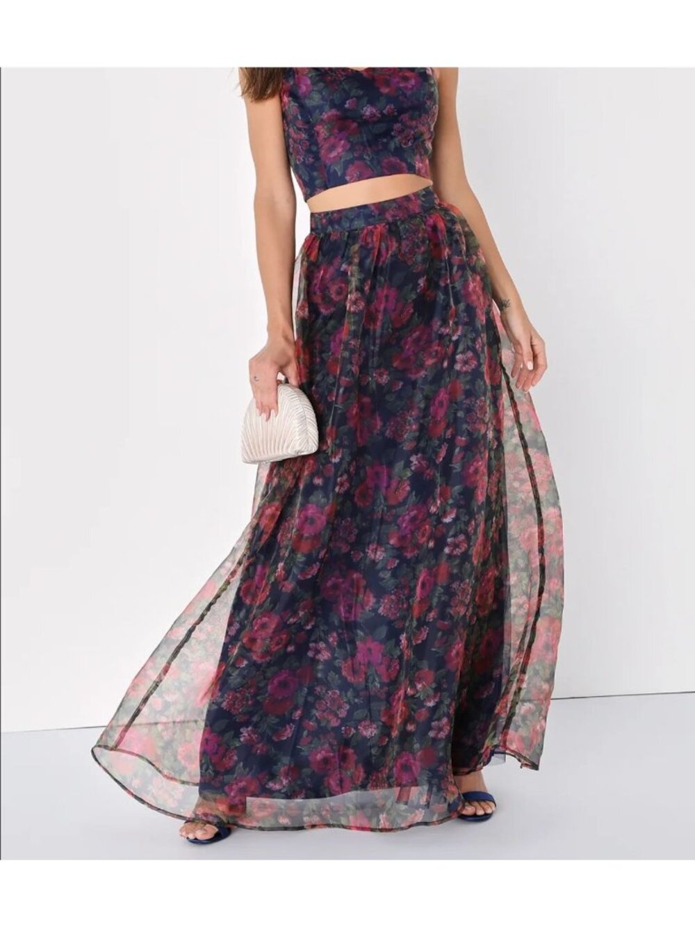 Lulu's Exceptional Event Navy Blue Floral Print Maxi Skirt Blue Pink Medium